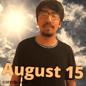 A Man Wearing Glasses Stands In Front Of A Cloudy Sky With The Date August 15 GIF