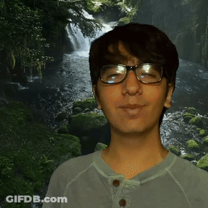 A Man Wearing Glasses Stands In Front Of A Waterfall In The Woods GIF