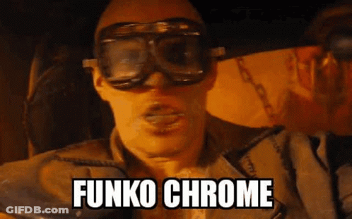 A Man Wearing Goggles And A Mask With The Words Funko Chrome Written On His Face . GIF
