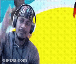 A Man Wearing Headphones And A Bandana Has A Yellow And Blue Background GIF
