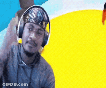 A Man Wearing Headphones And A Bandana On His Head Stands In Front Of A Yellow And Blue Background GIF