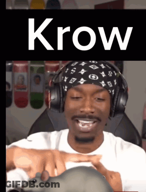 A Man Wearing Headphones And A Bandana With The Word Krow On The Bottom GIF