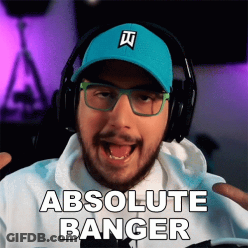 A Man Wearing Headphones And A Blue Hat Is Saying Absolute Banger GIF
