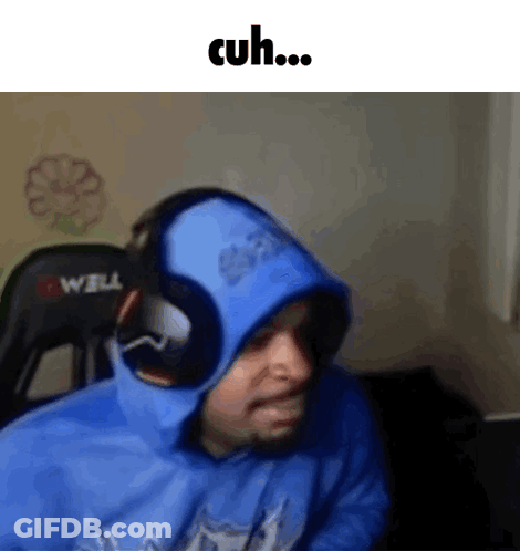 A Man Wearing Headphones And A Blue Hoodie Says Cuh .. GIF