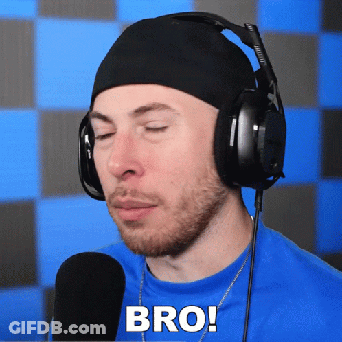 A Man Wearing Headphones And A Blue Shirt Has The Word Bro On His Shirt GIF