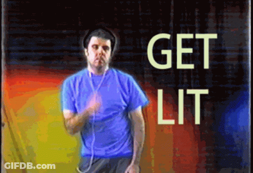 A Man Wearing Headphones And A Blue Shirt Is Dancing In Front Of The Words Get Lit GIF