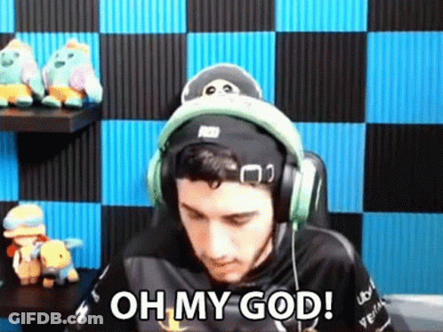 A Man Wearing Headphones And A Hat Is Sitting In Front Of A Checkered Wall And Says `` Oh My God '' . GIF