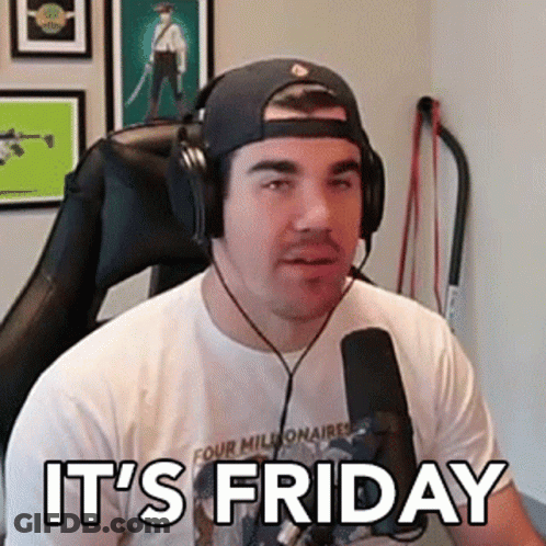 A Man Wearing Headphones And A Hat Is Sitting In Front Of A Microphone With The Words `` It 'S Friday '' . GIF