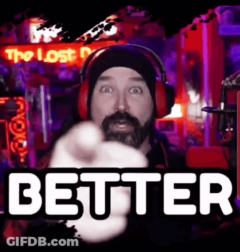 A Man Wearing Headphones And A Hat Points At The Word Better GIF