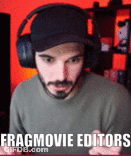 A Man Wearing Headphones And A Hat Says " Fragmovie Editors " On The Bottom GIF