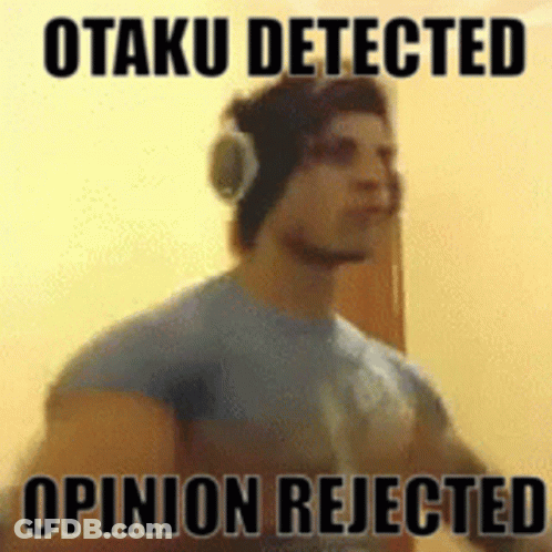 A Man Wearing Headphones And A Hat With The Words Otaku Detected Opinion Rejected On It . GIF