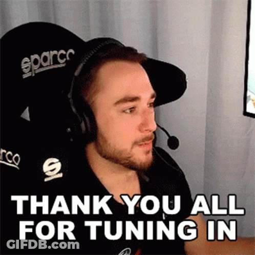 A Man Wearing Headphones And A Hat With The Words Thank You All For Tuning In Below Him GIF
