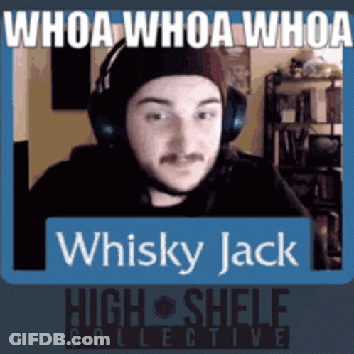 A Man Wearing Headphones And A Hat With The Words Whoa Whoa Whoa Whisky Jack On It GIF