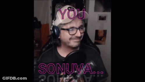 A Man Wearing Headphones And A Hat With The Words You Sonuva On It GIF
