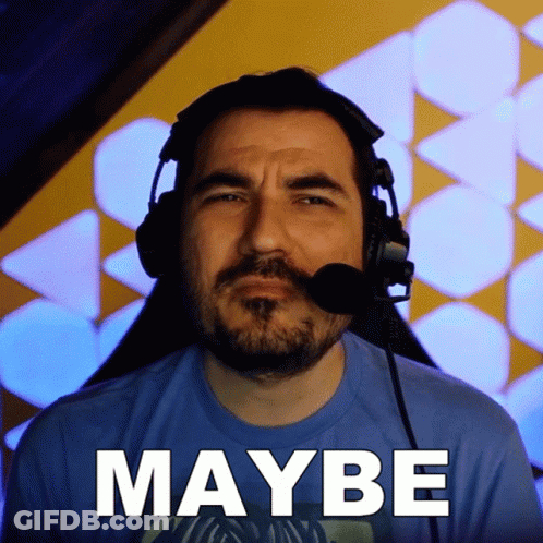 A Man Wearing Headphones And A Microphone Has The Word Maybe On His Face GIF