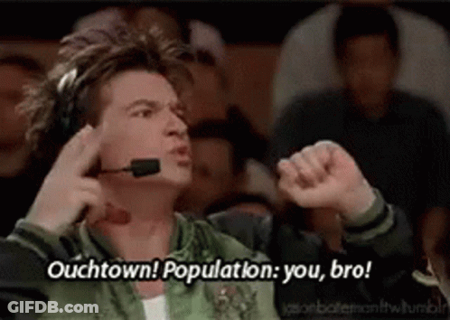 A Man Wearing Headphones And A Microphone Is Talking To A Crowd And Says ' Ouchtown Population You Bro ' GIF