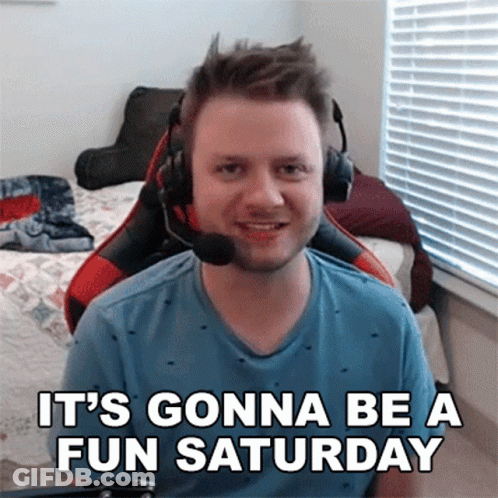 A Man Wearing Headphones And A Microphone Says It 'S Gonna Be A Fun Saturday . GIF