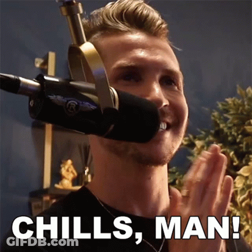 A Man Wearing Headphones And A Microphone With The Words Chills Man Below Him GIF