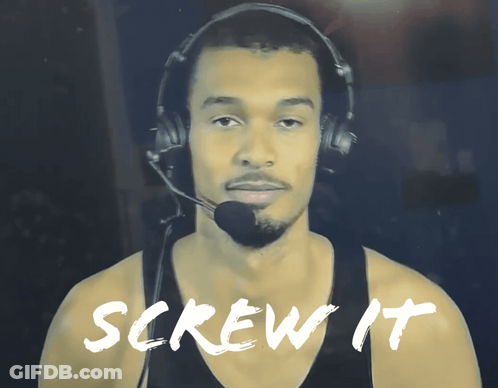 A Man Wearing Headphones And A Microphone With The Words Screw It Below Him GIF