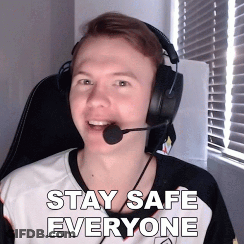 A Man Wearing Headphones And A Microphone With The Words Stay Safe Everyone Below Him GIF