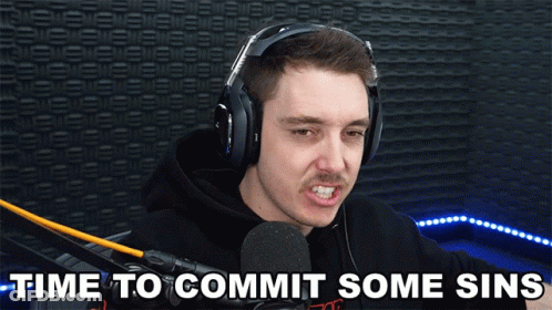 A Man Wearing Headphones And A Microphone With The Words Time To Commit Some Sins Above Him GIF
