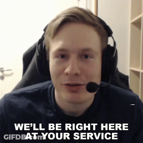 A Man Wearing Headphones And A Microphone With The Words We 'Ll Be Right Here At Your Service GIF