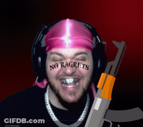 A Man Wearing Headphones And A Pink Headband Has A Tattoo On His Face That Says No Regrets GIF