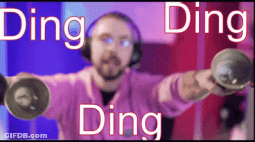A Man Wearing Headphones And A Pink Shirt Is Holding Dumbbells And Says Ding Ding Ding Ding GIF