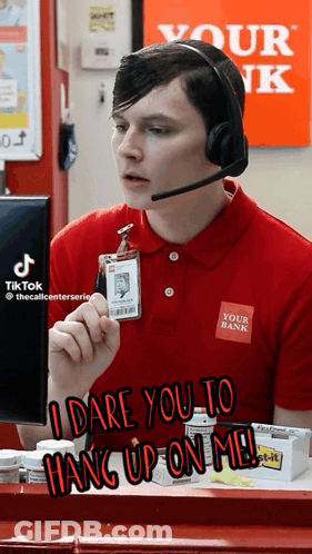 A Man Wearing Headphones And A Red Shirt That Says Your Bank GIF