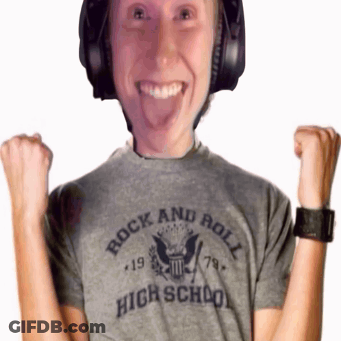 A Man Wearing Headphones And A Rock And Roll High School T-Shirt GIF