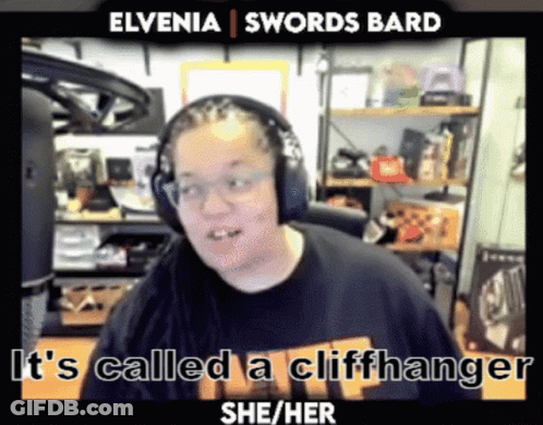 A Man Wearing Headphones And A Shirt That Says " It 'S Called A Cliffhanger She / Her " GIF