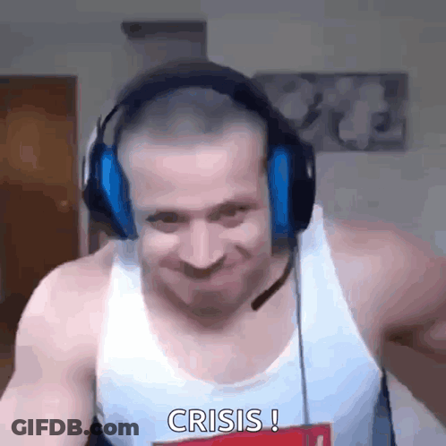 A Man Wearing Headphones And A White Tank Top Is Making A Funny Face And Saying Crisis . GIF