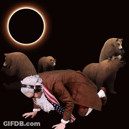 A Man Wearing Headphones And An American Flag Scarf Is Surrounded By Bears In Front Of A Eclipse GIF