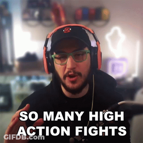 A Man Wearing Headphones And Glasses Is Saying So Many High Action Fights GIF