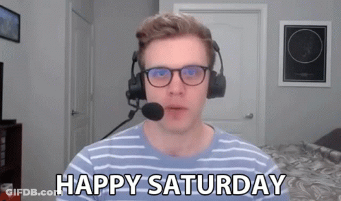 A Man Wearing Headphones And Glasses Says " Happy Saturday " GIF