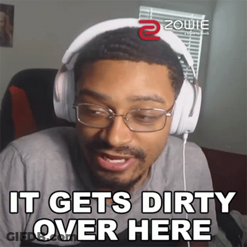A Man Wearing Headphones And Glasses Says " It Gets Dirty Over Here " GIF