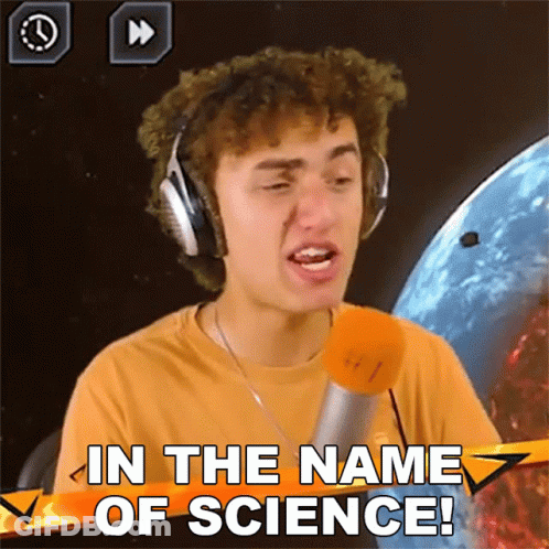 A Man Wearing Headphones And Holding A Microphone With The Words In The Name Of Science Below Him GIF