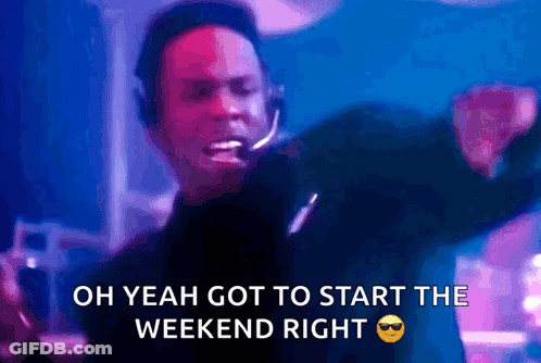 A Man Wearing Headphones And Sunglasses Is Dancing And Says Oh Yeah Got To Start The Weekend Right GIF