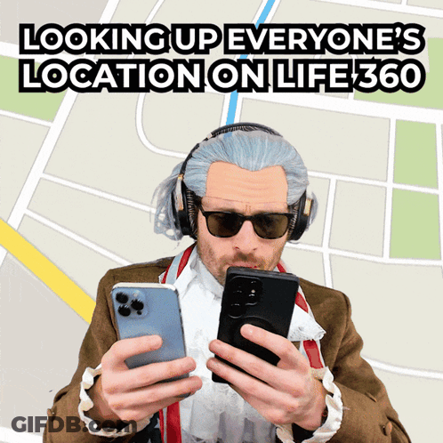 A Man Wearing Headphones And Sunglasses Is Looking Up Everyone 'S Location On Life 360 On A Map GIF