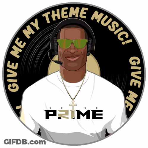 A Man Wearing Headphones And Sunglasses Is Surrounded By The Words " Give Me My Theme Music " GIF