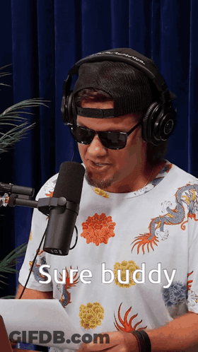 A Man Wearing Headphones And Sunglasses Is Talking Into A Microphone With The Words Sure Buddy Below Him GIF