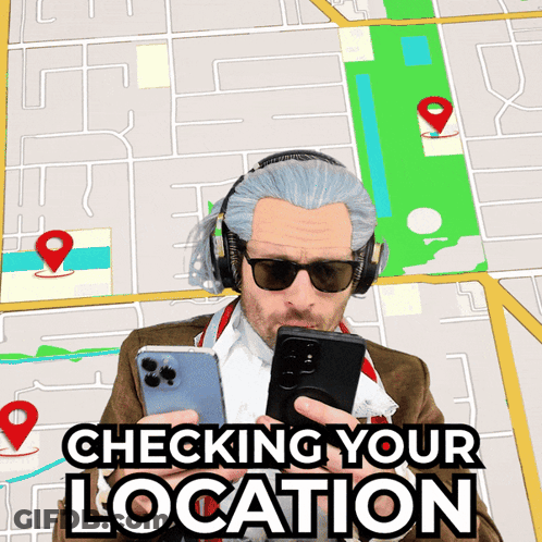 A Man Wearing Headphones And Sunglasses Looks At His Phone With The Words Checking Your Location Below Him GIF