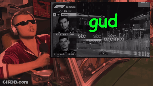 A Man Wearing Headphones And Sunglasses Talks Into A Microphone In Front Of A Screen That Says " Gud Save " GIF