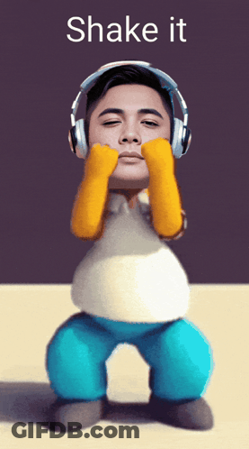 A Man Wearing Headphones And Yellow Gloves Is Dancing With The Words Shake It Above Him GIF