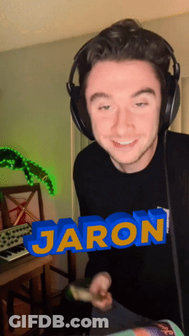 A Man Wearing Headphones Has The Name Jaron Written In Blue GIF