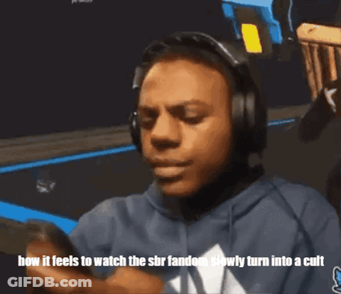 A Man Wearing Headphones Has The Words How It Feels To Watch The Sbr Fandom Slowly Turn Into A Cult Written Below Him GIF