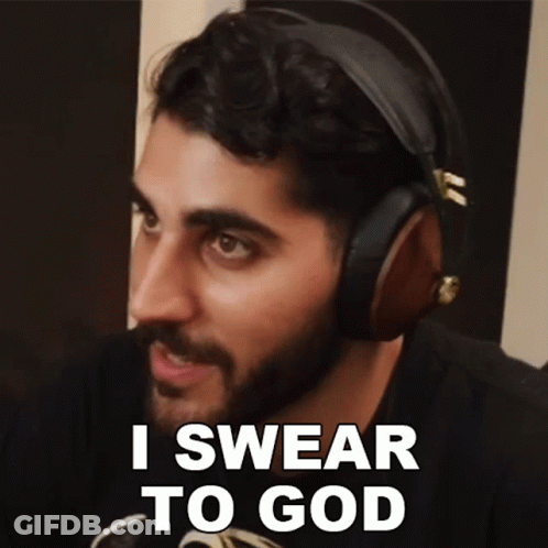 A Man Wearing Headphones Has The Words I Swear To God On His Face GIF