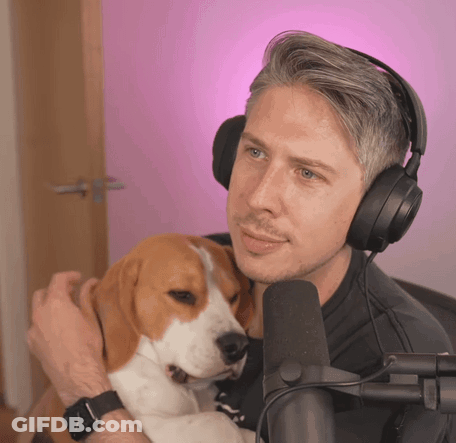 A Man Wearing Headphones Holds A Brown And White Dog In His Arms GIF