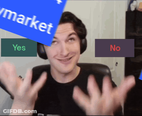 A Man Wearing Headphones Holds Up His Hands In Front Of A Sign That Says Yes Or No GIF