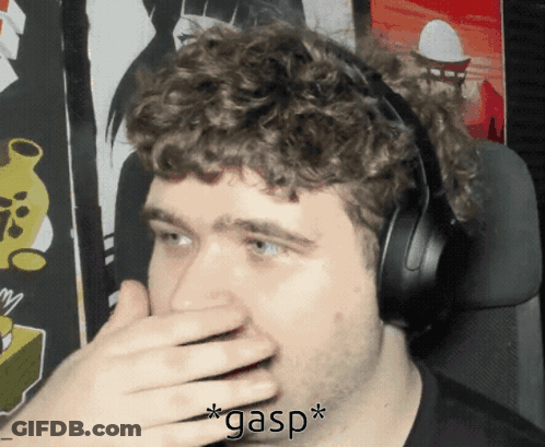 A Man Wearing Headphones Is Covering His Mouth With His Hand And Gasp Is Written Above Him GIF